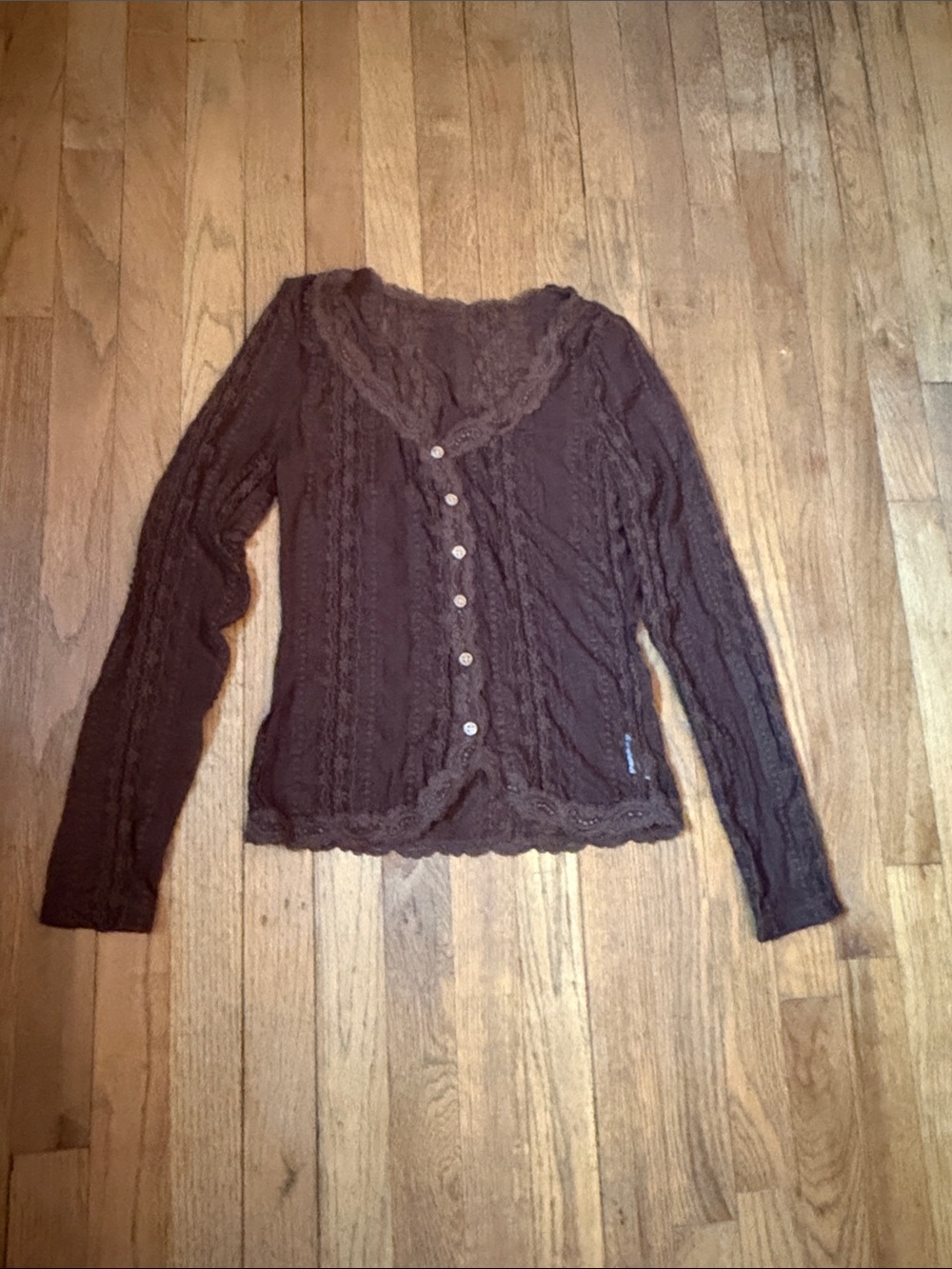 SHEIN Brown Lace-Trim Cable Knit Button-Up Cardigan